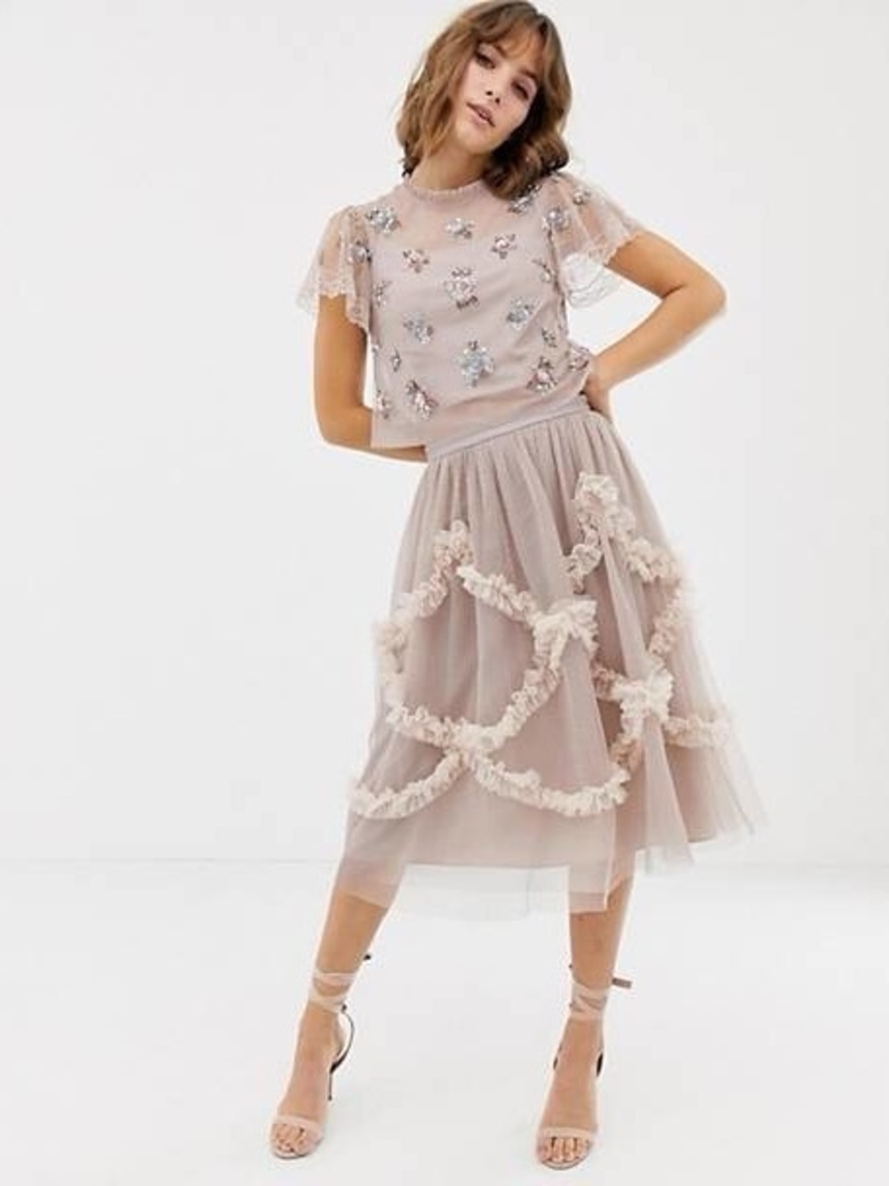 Needle & Thread Rose Sequin Embellished Top & Ruffle Tulle Midi Skirt Co-Ord Set